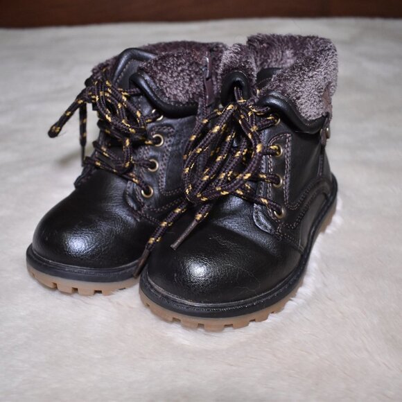 Little boys Brown Leather Fleece Lined Winter Work Boots Size 9 - Picture 1 of 7